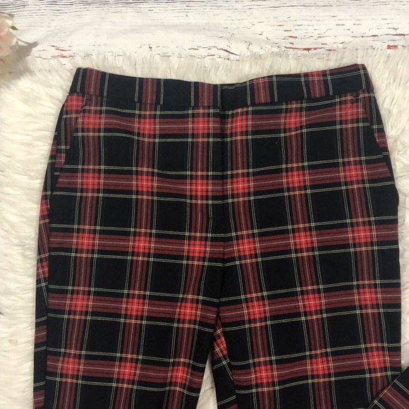 Zara Tartan Plaid Checkered Red High Waisted Elastic Trousers - Picture 6 of 11
